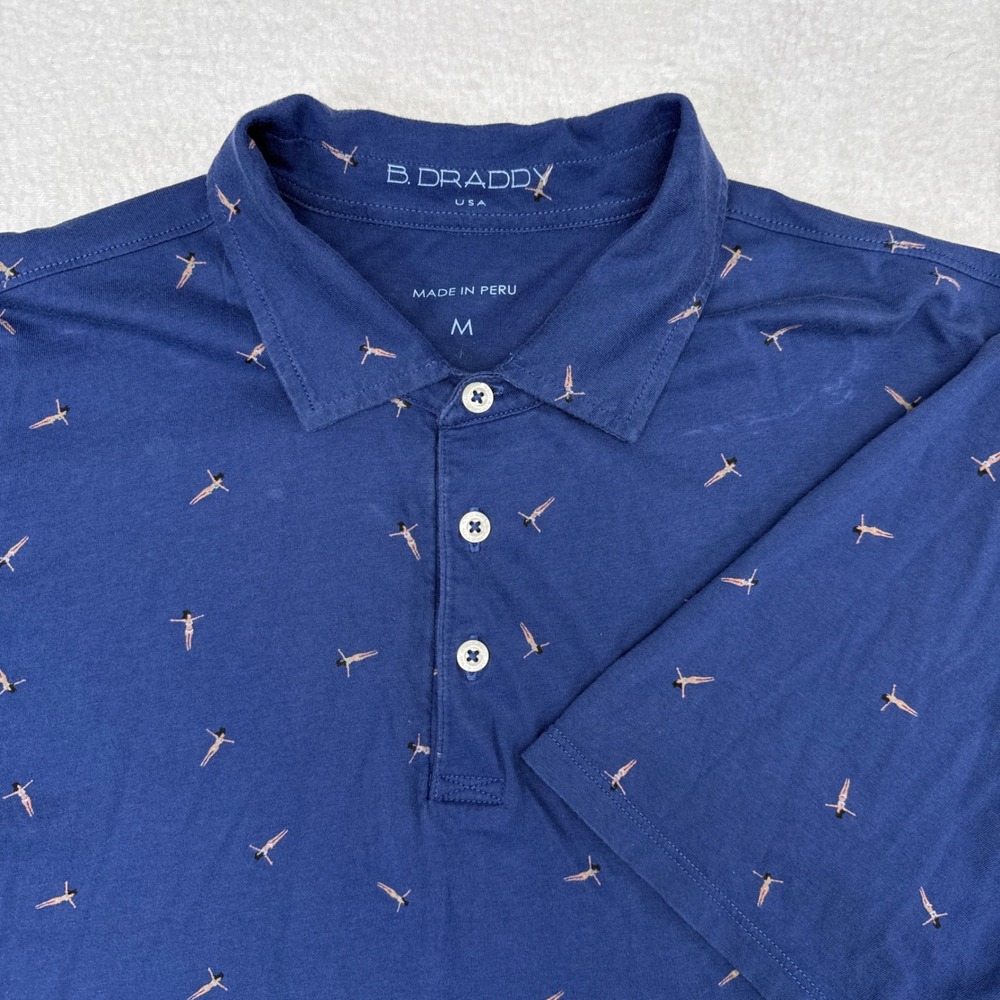 B Draddy Polo Shirt Mens Size Medium Blue Sunbathing Print Stretch Cotton Golf
